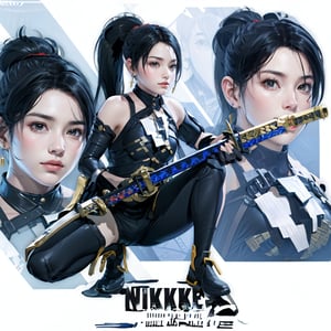 1girl, IncrsNikkeProfile, full body, zoom layer, holding weapon, holding katana, one knee, momiji, ponytail,IncrsNikkeProfile, 