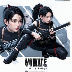 1girl, IncrsNikkeProfile, full body, zoom layer, holding weapon, holding katana, one knee, momiji, ponytail,IncrsNikkeProfile, holding gun