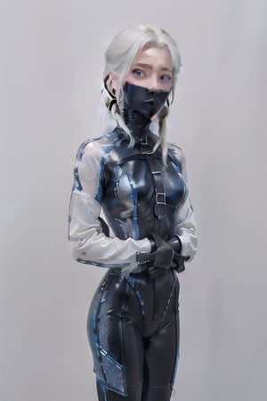 Frozen Elsa in black and dark blue Bondage clothes arms in light blue and white  latex straitjacket, Mouth with a full mask gagged neck_corset Frozen Elsa in bondage,light blue and white latex Straitjacket Frozen elsa blonde, ,Straitjacket, American shot looking to viewer Frozen elsa in black and dark blue bondage clothes