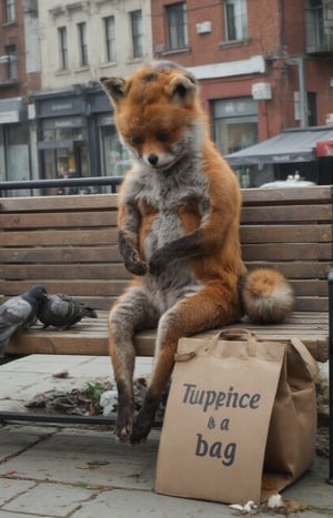 A staring fox sitting head down on a bench feeding pigeons, the fox is wearing an old woman's hat.  A cardboard sign beside him that say "Feed the Buzz (Tuppence a Bag)"