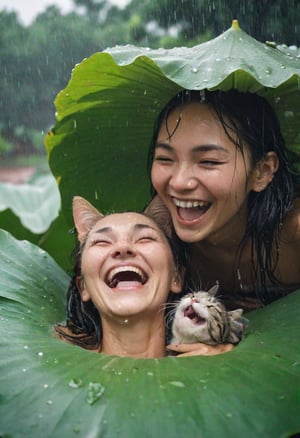 Photo of a woman laughing with a (cat) on top of her head, they are wet and hiding under a big lotus leaf in the (rain). Canon 5d Mark 4, Kodak Ektar