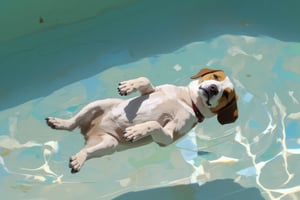 A serene scene of a dog peacefully floating on its back in a clear turquoise pool. The dog is fully relaxed, belly up, with its paws gently resting above the water's surface. The water is crystal clear, allowing the sunlight to create shimmering patterns on the dog's fur and on the pool floor. The colors of the scene are soft and calming, with hues of light white and turquoise blending smoothly in the background. The dog looks content, basking in the moment, as if drifting without a care in the world.