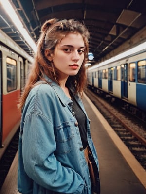 AMAZING PHOTO young woman in a train station photography 90s style Analogic clothes and environment from the 90s 90s style , 80s style , Analogic , 1990s