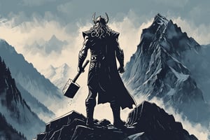 Thor with his hammer   near a big mountain    