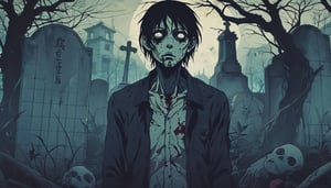 dark anime, a zombie in a graveyard   