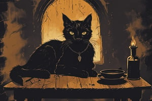 a black cat near a poison on a witch table 