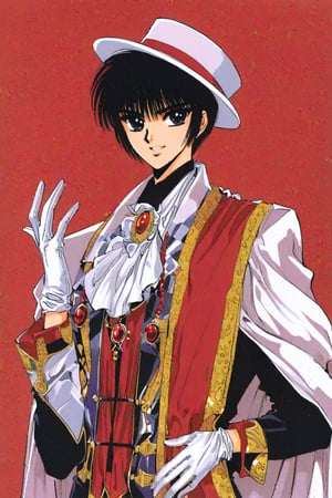 Subaru Sumeragi,1boy,solo,male focus,gloves,hat,black hair,cape,retro artstyle,red background,white gloves,smile,ascot,black eyes,1990s style,brooch,top hat,long sleeves,white headwear,pillarboxed,formal,looking at viewer,traditional media