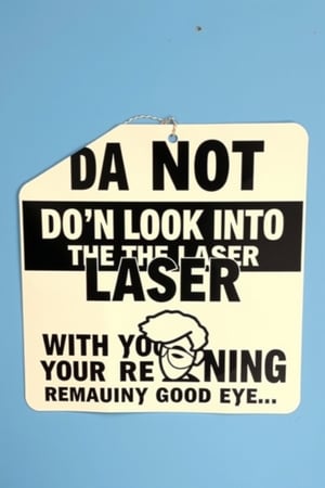 Humorous and cautionary warning sign for a laser physics lab. The sign prominently features bold, attention-grabbing text that reads, 'Do not look into the laser with your remaining good eye.'  simple, iconic laser beam graphics. Additionally, incorporate a small illustration of a person with one eye closed, humorously emphasizing the warning. 