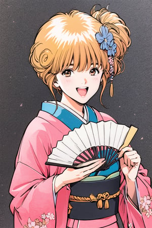 Ai Amano, 1girl, solo, hand fan, blonde hair, japanese clothes, brown eyes, hair ornament, kimono, folding fan, flower, smile, open mouth, short hair, hair flower, white background, holding, simple background, traditional media