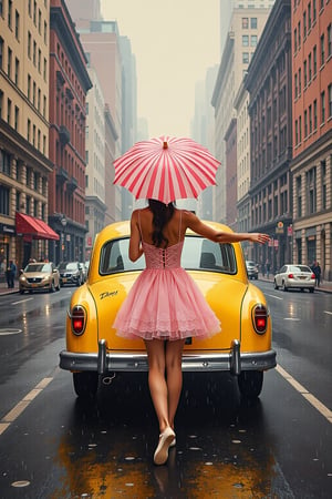 Abstract Painting. Vogue photoshoot of the yellow Taxi in New York, a ballet girl's back with a stripe umbrella, short skirt, dancing, rainy day, buildings, full-length photograph, in Wes Anderson style, the grand hotel Budapest style, outdoor, unrealistic, symmetrical right in the middle, a front view, pink and amber color is the main pastel tone