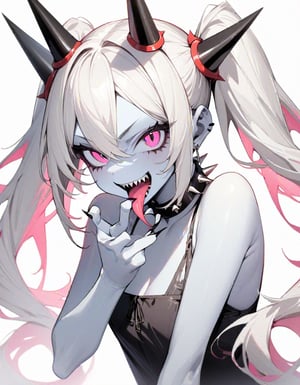 masterpiece,best quality,very aesthetic,absurdres,1girl,black choker,black eyes,choker,collar,colored skin,earrings,fingernails,forked tongue,jewelry,long fingernails,long hair,open mouth,pink eyes,sharp teeth,simple background,solo,spiked collar,spikes,teeth,tongue,tongue out,twintails,upper body,white background,white hair,white skin,,