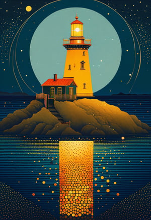 Pointillist style with small, distinct dots of color that blend together to form an image, very beautiful insanely detailed image of glowing seascape lighthouse in golden October". beautiful golden mountains, bright dark yellow ornate sun, by Victo_Ngai, Oleksandra Ekster, Malevich, Vladyslav Yerko and Alexander Jansson, Vladyslav Yerko! Very Complex perfect elegant composition! linen gesso acrylic paper, epic Dramatic lighting! Razor-sharp quality insanely detailed, deep colors realistic masterpiece, small dots, distinct, blend together, dotted, intricate, optical illusion, vibrant, detailed