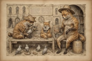 On parchment. A staring fox sitting head down on a bench feeding pigeons. Background is a church. the fox is wearing an old woman's hat.  A cardboard sign beside him that say "Feed the BUZZ (Tuppence a Buzz)". Pigeons are eating on the floor. 