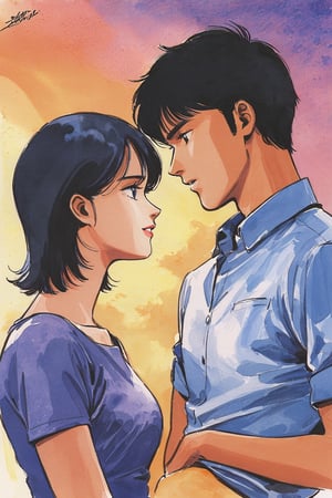 short hair, 1girl, black hair, 1boy, shirt, signature, sunset, upper body, short sleeves, looking at another, profile, eye contact, blue shirt, couple, traditional media, white shirt, watercolor
