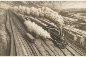 Overhead shot. Drawing of a steam train on a railroad,Etching