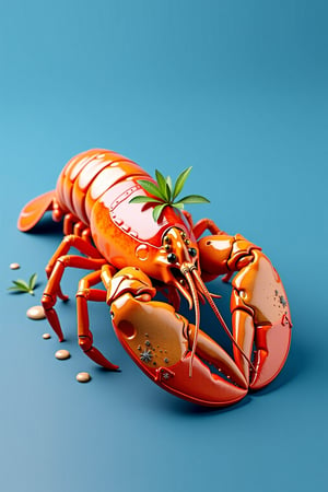 Watercolor 8K 3D rendering C4D, blender rendering, a beautifully presented and exquisite Australian lobster dish with color, fragrance, and taste, front view, side view, set against a blue solid high-end background, Behance, Petal, Zcool, ultra-high image quality, soft lighting, product rendering