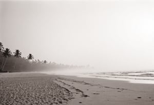 B & W photo. lith_argenta_bromBN1W, a foggy beach in sri lanka, hard shadow