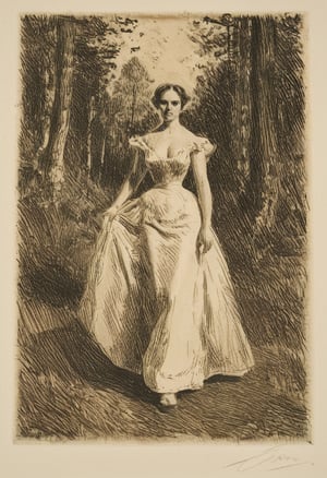 Attractive tall wife portrait with dress walking at the forest, etching