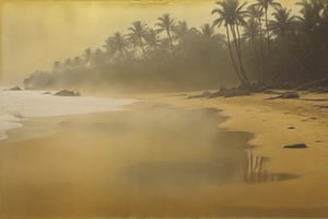 colouring_experiment_analogue, a foggy beach in sri lanka, hard shadow