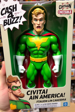 Photograph of a toy packaging featuring a character named "civitAIN America". The figure is depicted in a bright green superhero costume with a yellow buzz lightning on its chest, white gloves, and a matching green cape with red trim. The figure has blonde hair, a beard, has a stylized, exaggerated facial expression with large eyes, and a surprised look. The packaging box is predominantly green with a white border and features a humorous design. Extra text: "Cash 4 Buzz!"