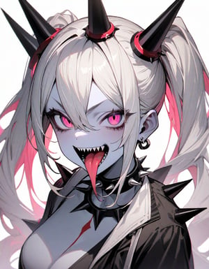 masterpiece,best quality,very aesthetic,absurdres,1girl,black choker,black eyes,choker,collar,colored skin,earrings,fingernails,forked tongue,jewelry,long fingernails,long hair,open mouth,pink eyes,sharp teeth,simple background,solo,spiked collar,spikes,teeth,tongue,tongue out,twintails,upper body,white background,white hair,white skin,,