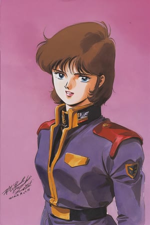 1girl, solo, brown hair, uniform, blue eyes, traditional media, military, military uniform,  dated, short hair, retro artstyle, 1980s style, watercolor