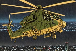 Comic panel illustration of a large military helicopter flying over new tokyo at night,  akira style 