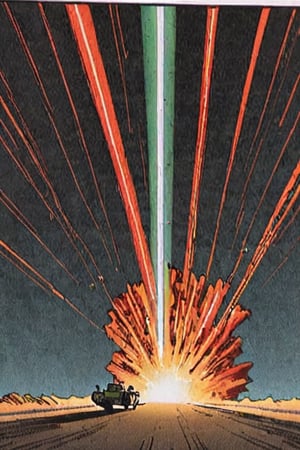 Comic panel illustration of a space laser firing , akira style 