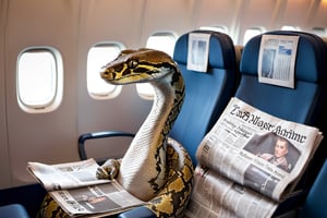 Python reading a newspaper sitting in an passenger airline