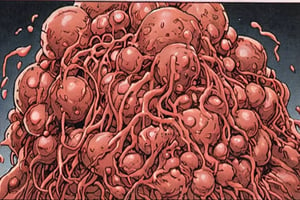 Comic panel illustration of gigantic cancerous mass of human flesh, akira style 