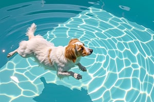 A dog floating in a body of water in the pool, Lean back,clear and transparent water, light white and turquoise,y2k aesthetic,soft and dreamy colors,brightly colored, popular Instagram, high level of detail,realistic photo feeling