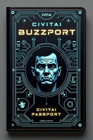 A passport design titled "CivitAI Buzzport" featuring sleek, plastic leather textures and holographic elements. In the center of the passport, there is a sad-looking man with droopy eyes, his face appearing pixelated or digitally distorted to give it a cyberpunk vibe. The passport label "CivitAI Buzzport" is written in bold, glowing letters with a digital font. The background has intricate circuit-like patterns, and there are futuristic icons representing travel stamps and visas, some with quirky symbols like a tiny bee or a buzz icon. The overall aesthetic combines elements of a high-tech future with a comical twist.