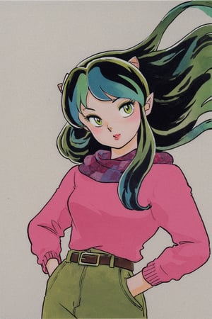 1girl, solo, horns, scarf, long hair, lum, sweater, green hair, white background, pink sweater, green eyes, makeup, hands in pockets, multicolored hair, 1980s (style), simple background, casual, oni horns, eyeshadow, belt, traditional media, pointy ears, floating hair, retro artstyle, oni, upper body