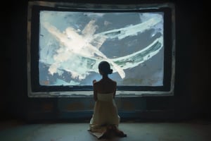 A woman kneels in deep prayer, her hands gently clasped, facing a colossal television screen that towers above her. The TV's screen flickers with chaotic static, a wash of black and white noise that pulses in waves, casting a cold, shifting light over the scene. The woman is bathed in this erratic glow, her silhouette softly illuminated by the constantly shifting patterns of the static. Her figure is serene, dressed in simple, flowing garments that ripple slightly, reflecting the artificial light.

The room around her is stark and minimalist, with the gigantic TV as the focal point. The screen itself is a monolithic presence, slightly curved, and its glossy frame gleams faintly in the low ambient light. The static, constantly moving, seems alive, with random flashes and bands of light darting across the screen, filling the atmosphere with a sense of both unease and wonder.

The visual style blends realism with an unsettling, surreal tone, evoking themes of dystopian futurism. The lighting is harsh yet intimate, with sharp contrasts between the illuminated woman and the darkened surroundings. The static creates a grainy, almost tactile texture against the smooth surface of the TV, while the woman's posture exudes a sense of quiet devotion, creating a powerful juxtaposition between the spiritual and the technological. The overall composition is cinematic, like a still frame from a futuristic, introspective narrative, where technology looms as a vast, enigmatic presence.
