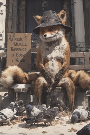 Anime lyh. A staring fox sitting head down on a bench feeding pigeons. Background is a church. the fox is wearing an old woman's hat.  A cardboard sign beside him that say "Feed the BUZZ (Tuppence a Buzz)". Pigeons are eating on the floor. 