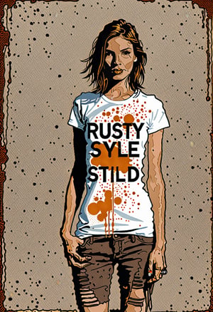(An amazing and captivating abstract illustration:1.4), (1girl:1.3), (female focus:1.1), small breasts, t-shirt, (grunge style:1.4), (minimalistic:1.3), (2004 aesthetics:1.2), with (the text "RUSTY STYLE":1.3). BREAK rough texture, dripping paint, cracks, (wrinkled paint:1.3), dark background, (uncluttered minimalism:1.2), sharp details, muted colors. BREAK highest quality, detailed and intricate, original artwork, trendy, mixed media, vector art, (vintage:1.2), award-winning, artint, SFW,