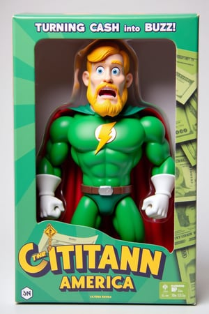 Photograph of a toy packaging featuring a character named "CIVITAIN America". The figure is depicted in a bright green superhero costume with a yellow buzz lightning on its chest, white gloves, and a matching green cape with red trim. The figure has blonde hair, a beard, has a stylized, exaggerated facial expression with large eyes, and a surprised look. The packaging box is predominantly green with a white border and features a humorous design. Extra text: "Turning cash into Buzz!"