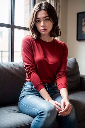 Woman wearing a red shirt
BREAK
sitting on a couch