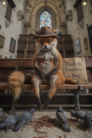 A staring fox sitting head down on a bench feeding pigeons. Background is a church. the fox is wearing an old woman's hat.  Pigeons are eating on the floor. A cardboard sign beside him that say "Feed the Buzz (Tuppence a Bag)"