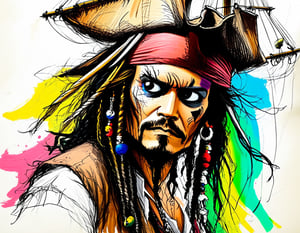 color  mdsktch sketch of  Jack Sparrow  on a Pirate Ship 