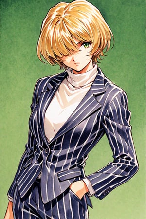 MariaTachibana, 1girl, solo, blonde hair, hair over one eye, short hair, green eyes, business_suit, pinstripe suit, white turtleneck, pants, traditional media, hand in pocket, formal, suit, striped, pinstripe pattern, looking at viewer, turtleneck, green background