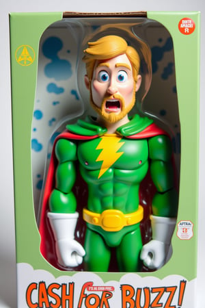 Photograph of a toy packaging featuring a character named "civitAI America". The figure is depicted in a bright green superhero costume with a yellow buzz lightning on its chest, white gloves, and a matching green cape with red trim. The figure has blonde hair, a beard, has a stylized, exaggerated facial expression with large eyes, and a surprised look. The packaging box is predominantly green with a white border and features a humorous design. Extra text: "Cash for Buzz!"