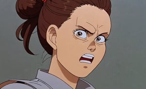 a frame of a animated film of  a woman, profile, contempt expression, Dark Auburn hair, very long hair, heart hair bun hair, wearing workwear , style akirafilm 