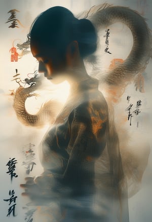 Double Exposure Style,Volumetric Lighting,a girl with Wrap top,arching her back,Traditional Attire,Artistic Calligraphy and Ink,light depth,dramatic atmospheric lighting,Volumetric Lighting,double image ghost effect,image combination,double exposure style, background lightly brushed with the image of a Chinese dragon
