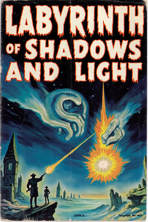 vintage comic book cover with the title "Labyrinth of Shadows and Light" in gruesome Opal font, retro pulp sci-fi style,