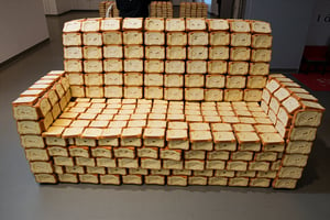 Photography. A sofa made of toasted slices of bread.