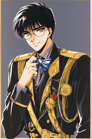 Seishiro Sakurazuka, 1boy, male focus, solo, black hair, glasses, yellow eyes, looking at viewer, retro artstyle, black background, smile, uniform, bow, bowtie, 1990s (style), simple background, traditional media