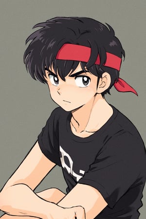 male focus, solo, 1boy, black hair, shirt, headband, upper body, black shirt, t-shirt, hair ornament, collarbone, black eyes