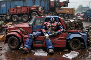 Photo of Optimus Prime lying on the gran, in a junkyard, rain, paper, 4k, uhd, masterpiece 
