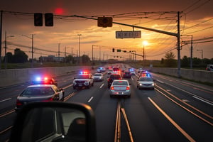 A chaotic and intense highway chase scene, with multiple police cars in pursuit, flashing red and blue lights. The image is captured from the rearview mirror of a panicked driver who looks terrified, gripping the steering wheel with a wide-eyed expression. The road has tracks similar to train rails, adding a surreal element to the high-speed chase. Overhead, traffic lights show red signals, emphasizing the urgency of the situation. The background features a cityscape with power lines and distant vehicles, with the sunset casting a dramatic glow over the scene